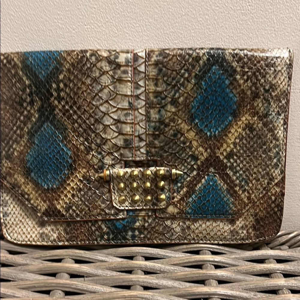 Snakeskin Pattern Clutch with Blue Accents